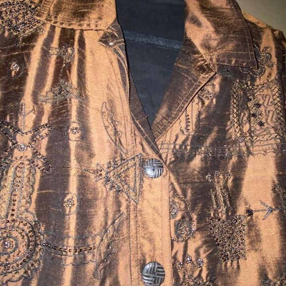 Chico’s Design 100% Silk Embroidery Blazer Jacket Size 2 (Large) Brown Beaded - Picture 4 of 15